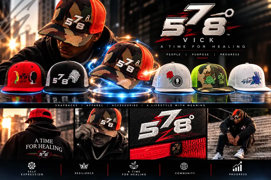 VICK 5-7-8 A Time for Healing approved hat campaign artwork, with five hat concepts and electric-blue halo