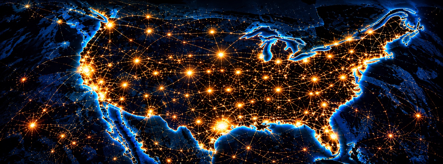 Full-width illuminated United States map with glowing city connections, without text overlays