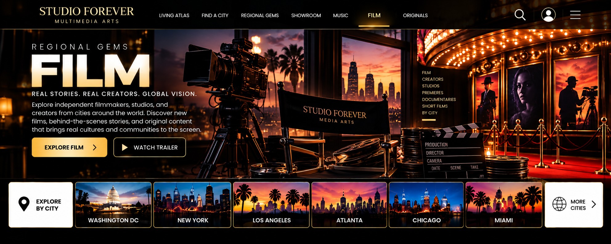 Approved Regional Gems FILM visual concept; video thumbnails and artist names shown are illustrative, not actual published listings