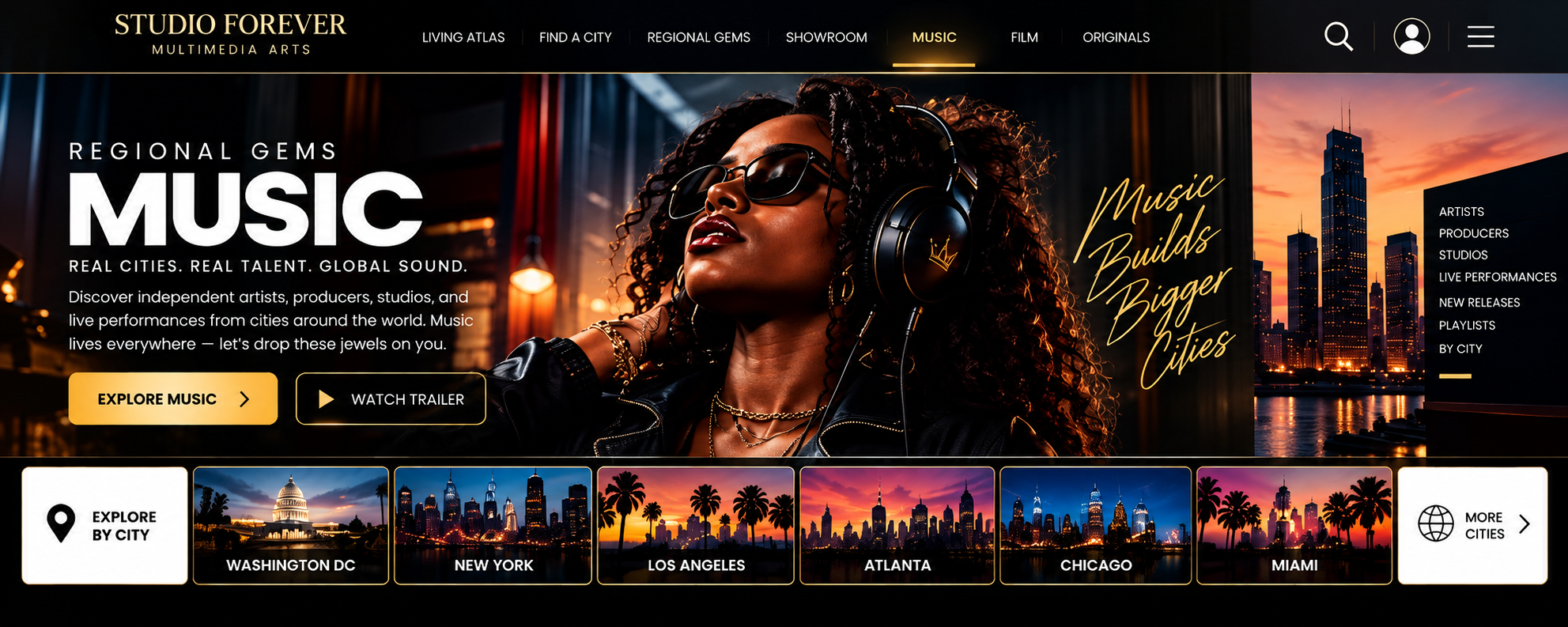 Approved Regional Gems MUSIC visual concept; video thumbnails and artist names shown are illustrative, not actual published listings